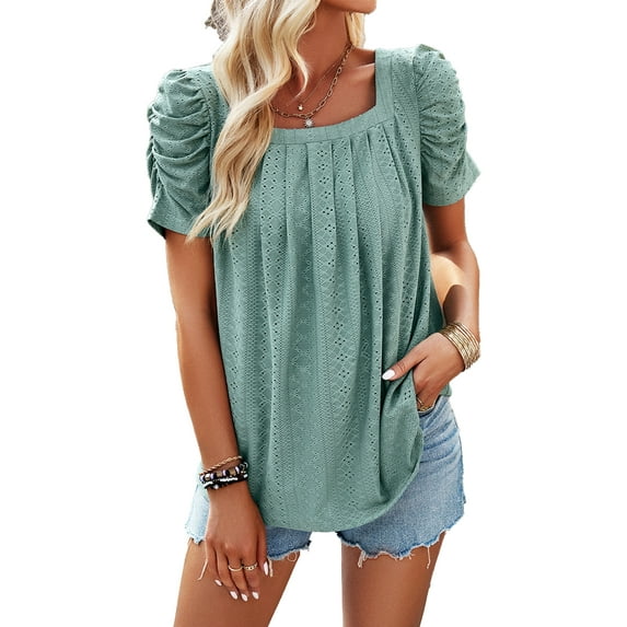 TEMOFON Women T Shirts Summer Short Sleeve Tops Hollowed Out Jacquard Blouses Casual Trendy Shirts for Womens Crewneck Green Tee