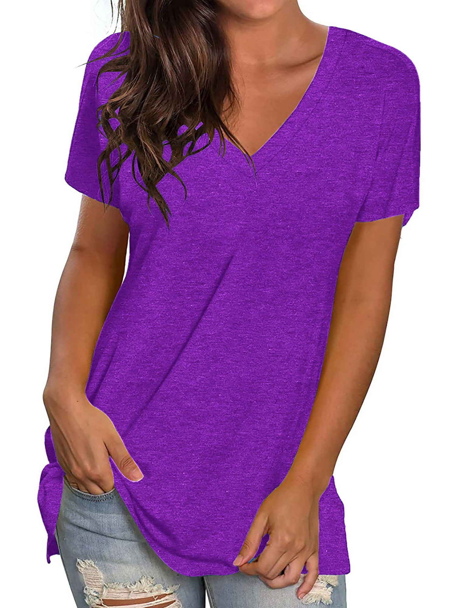 TEMOFON Women T-Shirts Summer V Neck Tops Short Sleeve Tunic Casual ...