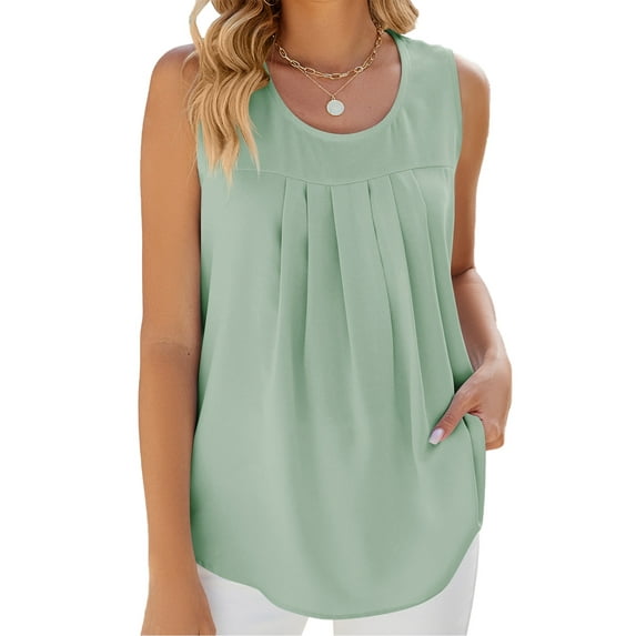 TEMOFON Women Tank Top Casual Summer Sleeveless Tops for Women Solid Crewneck Blouses Fashion Chiffon Vest Green Tee