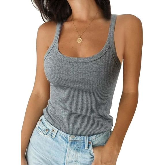 TEMOFON Summer Womens Tank Tops U Neck Ribbed Knit Slim Casual Sleeveless Shirts for Women Based Undershirt Solid Color Gray Size M