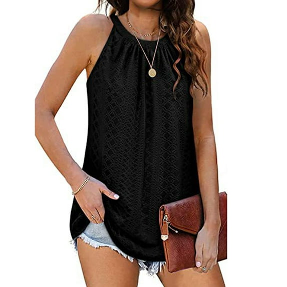 TEMOFON Tank Tops for Women Loose Fit High Neck Sleeveless Halter Tops Casual Pleated Eyelet Summer Flowy Cami Tanks Solid Color Black Size M