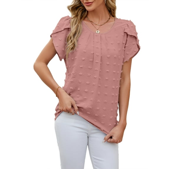TEMOFON Womens Summer Tops Chiffon Blouses Short Sleeve Crew Neck Shirts Summer Casual Polka Dot Tops Pink