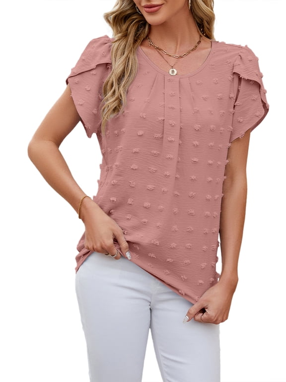 Womens Summer Tops Chiffon Blouses Short Sleeve Crew Neck Shirts Summer Casual Polka Dot Tops Pink