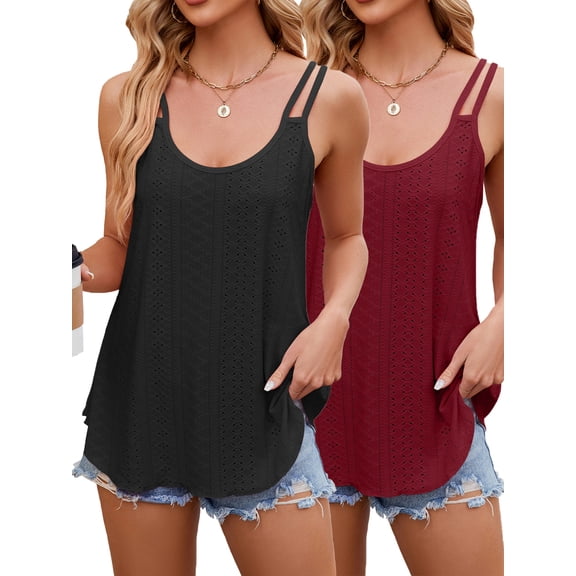 TEMOFON Women Tank Top Plus Size Sleeveless Solid Sexy Cover Up Tops for Woman Swing Vest Black and Winered (Pack of 2),2XL