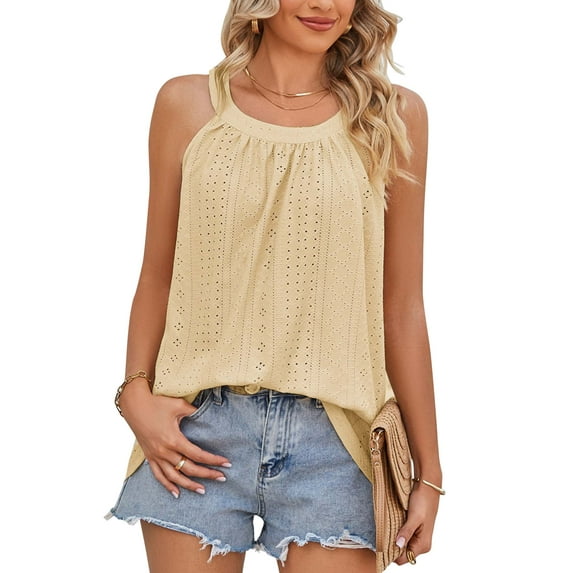 TEMOFON Women Tank Tops Fashion Crewneck Sleeveless Shirts Summer Going Out Top Loose Fit Tshirt for Women Solid Color YELLOW Size L