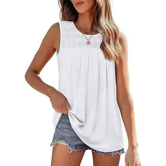 TEMOFON Womens Tank Tops Summer Pleated Crew Neck Sleeveless Tops for Women Ruched Loose Basic T Shirts Solid Color White Size S