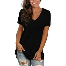 TEMOFON Women Tops Black Short Sleeve Tunic Tops Summer V Neck T Shirt Solid Color Tee Casual Loose Shirts Size L