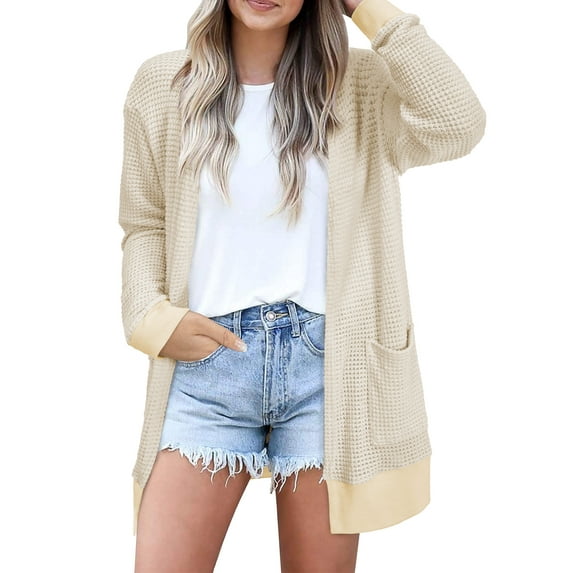 TEMOFON Womens Cardigan Sweaters Long Sleeve V Neck Waffle Tops Knit Lightweight Shirts for Women with Pockets Apricot XXL