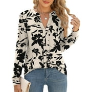 TEMOFON Women Tops Casual Business Split V Neck Floral Printed Pleated Blouses Loose Fit Fall Long Sleeve Work Shirts L