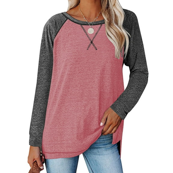 TEMOFON Women Tops Casual Fall T Shirts Crewneck Long Sleeve Tunic Tops Color Block Loose Fit Shirts for Women