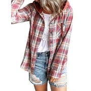 TEMOFON Women Tops Casual Long Sleeves Hoodie Fashion Plaid Coats Trendy Button Down Loose Shirts for Women with Pocket Size XL