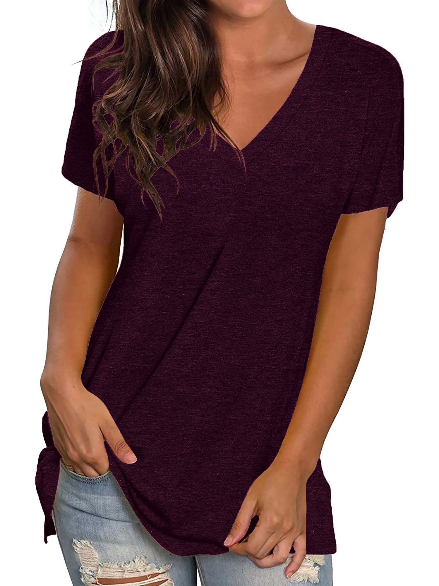 TEMOFON Women Tops Casual Summer T Shirts V Neck Short Sleeve Tunic ...