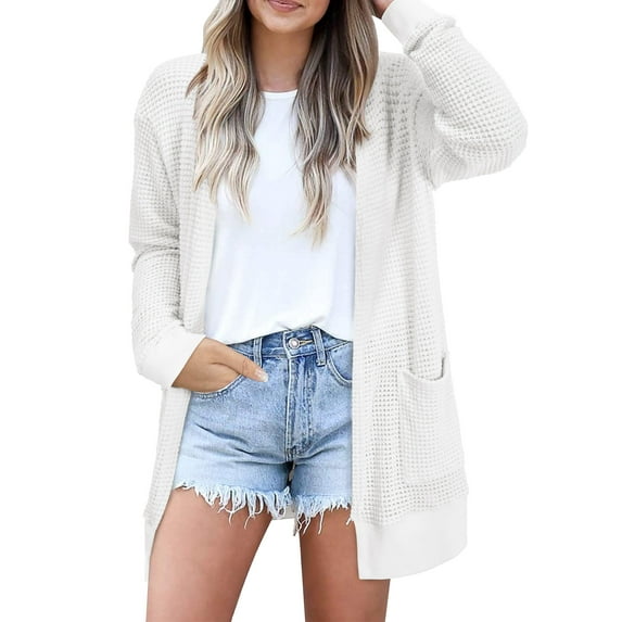 TEMOFON Womens Cardigan Sweaters Long Sleeve V Neck Waffle Tops Knit Lightweight Shirts for Women with Pockets White L