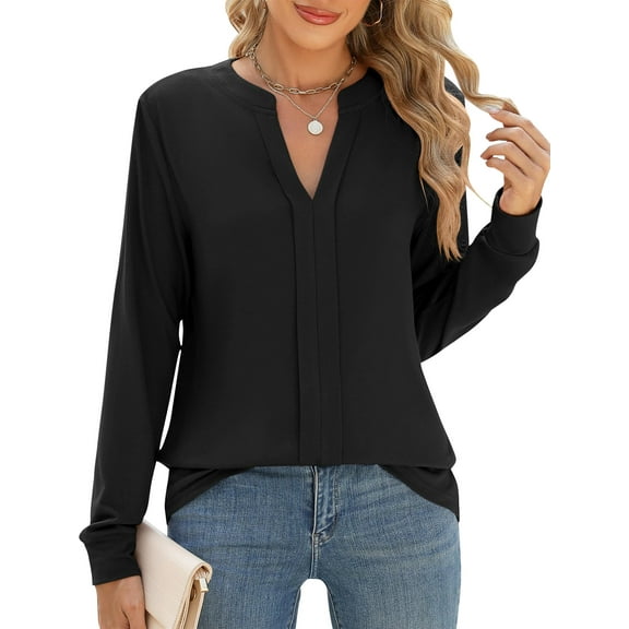 TEMOFON Women Tops Fall Long Sleeve Split V Neck Pleat Blouses for Women Dressy Casual Business Solid Color Work Shirts L
