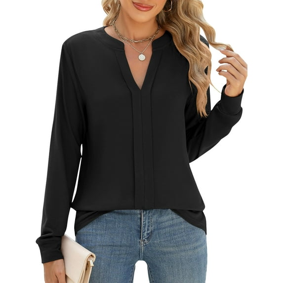 TEMOFON Women Tops Fall Long Sleeve Split V Neck Pleat Blouses for Women Dressy Casual Business Solid Color Work Shirts M