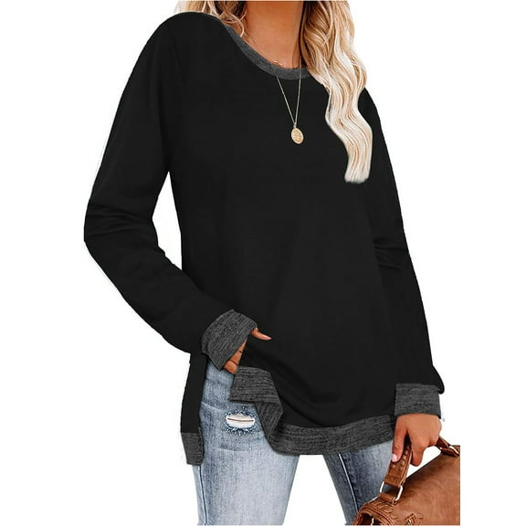 TEMOFON Women Tops Fall Long Sleeve Tunic Tops Casual Crew Neck Loose Knit Blouses Trendy Side Split Black Sweatshirt for Women
