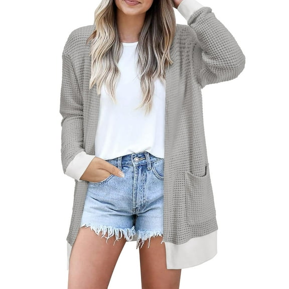 TEMOFON Womens Cardigan Sweaters Long Sleeve V Neck Waffle Tops Knit Lightweight Shirts for Women with Pockets Grey XXL