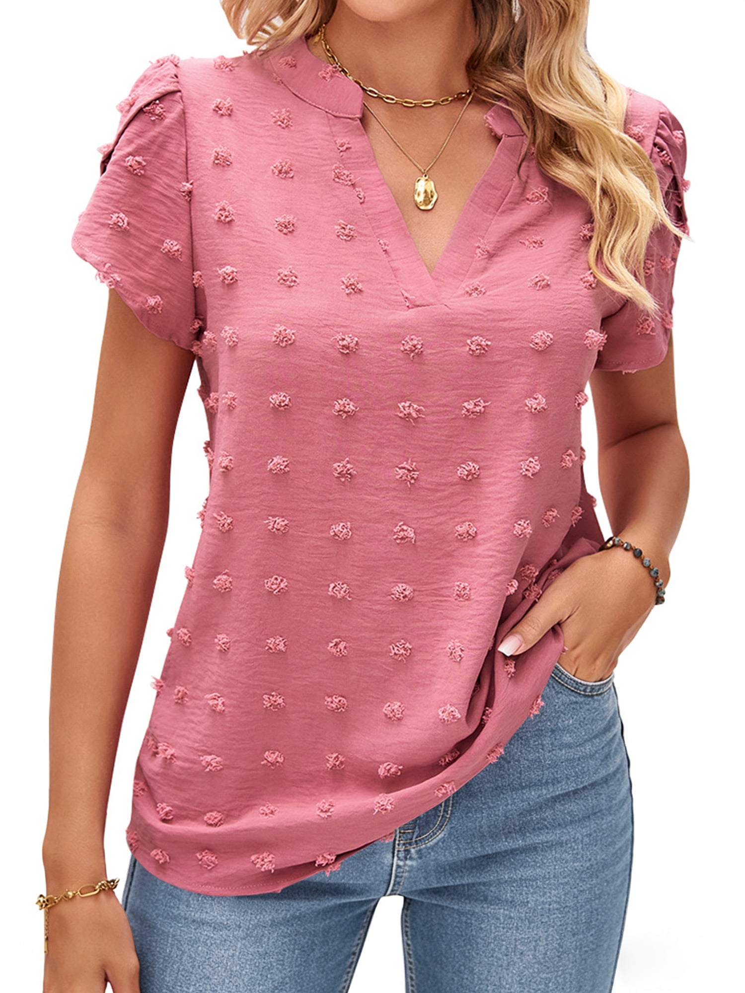 TEMOFON Womens V Neck Blouse Dressy Casual Short Sleeve Ruffle Summer ...