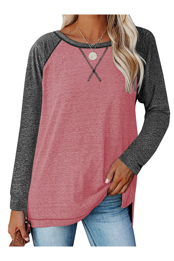 Women Tops Plus Size Casual Fall T Shirts Crewneck Long Sleeve Tunic Tops Color Block Loose Fit Shirts for Women