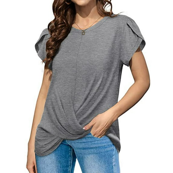 TEMOFON Women Tops Plus Size Summer Casual Short Sleeves Blouses Fashion Crewneck Front Criss Tshirt Soild Color Gray Shirts for Women Size XXL