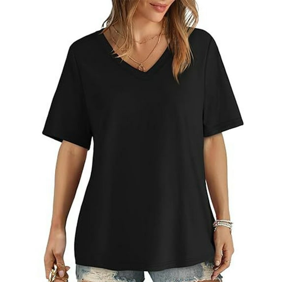 TEMOFON Women Tops Short Sleeve Tunic Tops Summer V Neck T Shirt Solid Black Tee Casual Loose Shirts for Women Size L