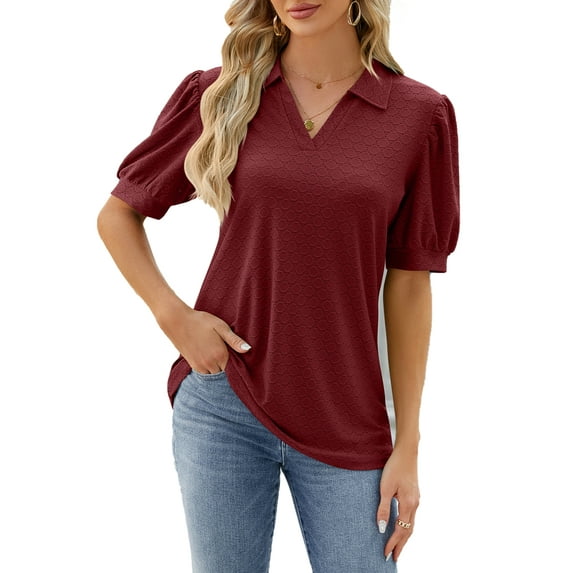 TEMOFON Women Tops Summer Casual Blouses Fashion Puff Short Sleeve V Neck Lapel T Shirts for Women Winered Size L