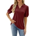 thumbnail image 1 of TEMOFON Women Tops Summer Casual Blouses Fashion Puff Short Sleeve V Neck Lapel T Shirts for Women Winered Size M, 1 of 6