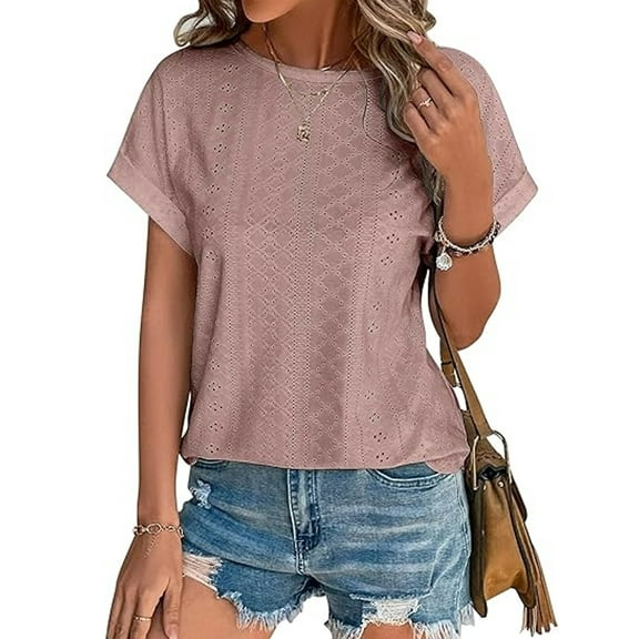 TEMOFON Women Tops Summer Crew Neck Blouse Fashion Short Sleeve Tee Eyelet Dressy Casual Blouses for Womens Clothes Tee Shirts Tunic Tops