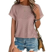 TEMOFON Women Tops Summer Crew Neck Blouse Fashion Short Sleeve Tee Eyelet Dressy Casual Blouses for Womens Clothes Tee Shirts Tunic Tops