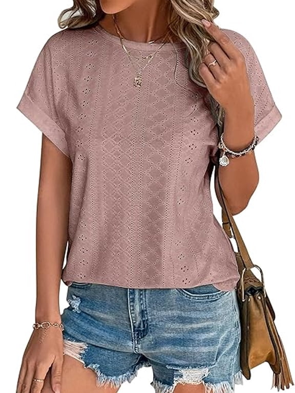 Women Tops Summer Crew Neck Blouse Fashion Short Sleeve Tee Eyelet Dressy Casual Blouses for Womens Clothes Tee Shirts Tunic Tops