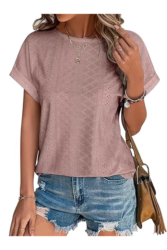 Women Tops Summer Crew Neck Blouse Fashion Short Sleeve Tee Eyelet Dressy Casual Blouses for Womens Clothes Tee Shirts Tunic Tops