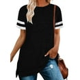 thumbnail image 1 of TEMOFON Women Tops Summer Short Sleeve Stripe Shirts Cute Casual Loose Blouse Side Split Tunic Top Black Tees, 1 of 5