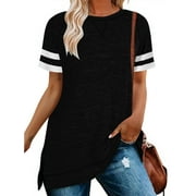 TEMOFON Women Tops Summer Short Sleeve Stripe Shirts Cute Casual Loose Blouse Side Split Tunic Top Black Tees