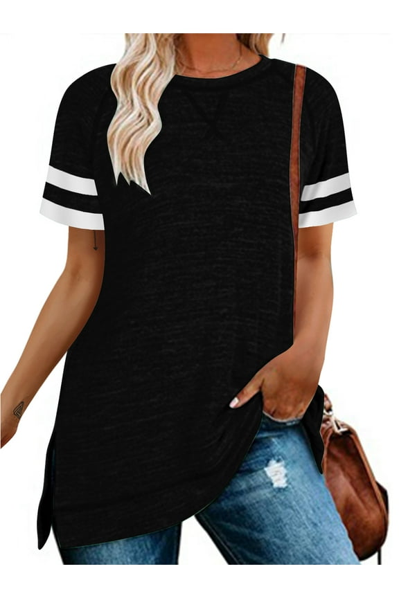 Women Tops Summer Short Sleeve Stripe Shirts Cute Casual Loose Blouse Side Split Tunic Top Black Tees