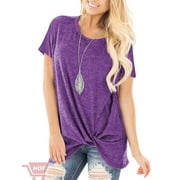 TEMOFON Women Tops Summer Short Sleeve T Shirts Casual Round Neck Loose Tunic Tops Fashion Purple Twist Knot Shirt for Women Size L