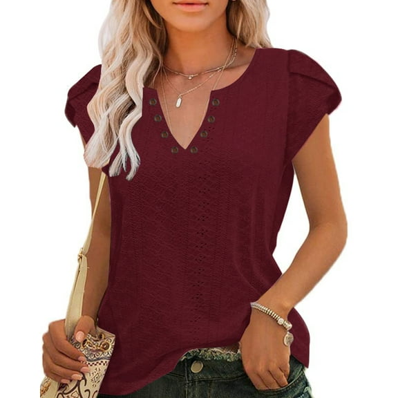 TEMOFON Women Tops Summer T-Shirts Short Sleeve Casual V Neck Tops Dressy Ruffle Sleeve Tunic Tops Cute Loose Ladies Blouses