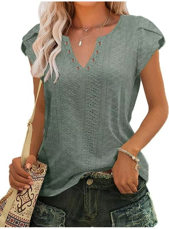 Women Tops Summer T-Shirts Short Sleeve Casual V Neck Tops Dressy Ruffle Sleeve Tunic Tops Cute Loose Ladies Tops Women Blouses Green XL