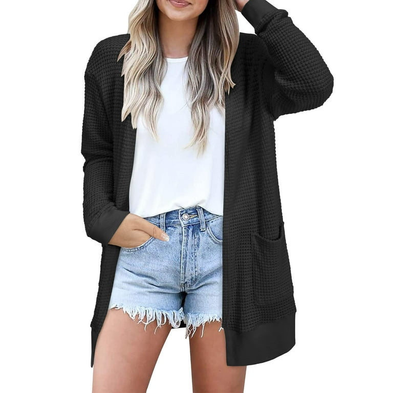 TEMOFON Womens Cardigan Sweaters Long Sleeve V Neck Waffle Tops