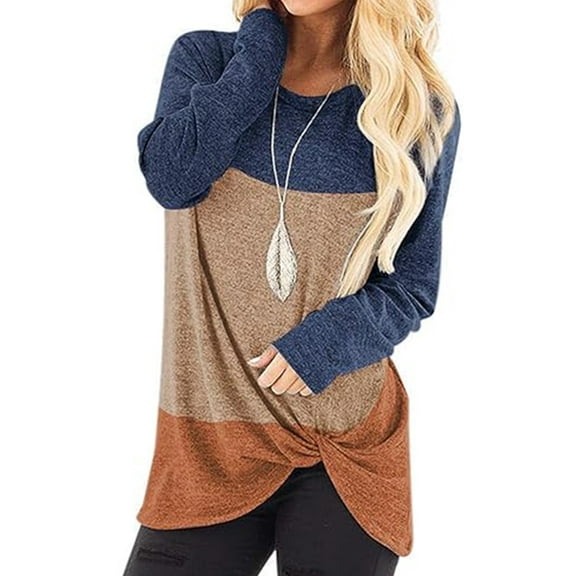 TEMOFON Women Tops for Women Casual Long Sleeve Crew Neck Tee Shirt Casual Loose Casual Tunic Trendy Fashion Navy Block Blouse Tee Size M