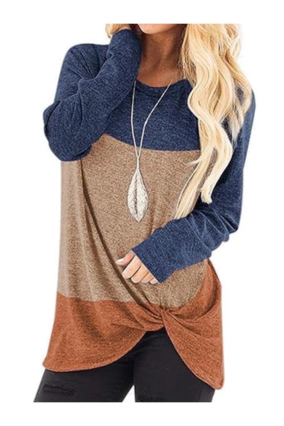 Women Tops for Women Casual Long Sleeve Crew Neck Tee Shirt Casual Loose Casual Tunic Trendy Fashion Navy Block Blouse Tee Size M