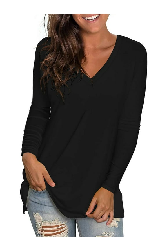 Women Tunic tops Long Sleeve fall Tops Comfy V Neck Basic Shirts Solid Color T Shirt Loose Casual Fall Blouse Black Tee black
