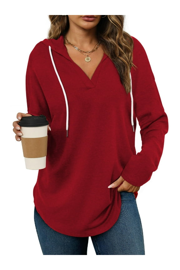 Women V Neck Hoodies Womens Fashion Tops Pullover Oversized Hoodies Long SLeeve Drawstring Hoodies Loose Fit