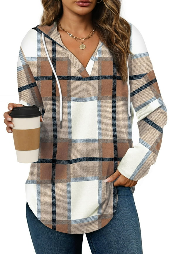 Women V Neck Plaid Hoodies Womens Fashion Tops Pullover Oversized Hoodies Long Sleeve Drawstring Hoodies Loose Fit