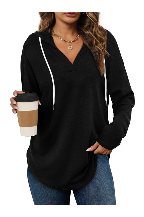 Women V Neck Solid Hoodies Womens Fashion Tops Pullover Oversized Hoodies Long SLeeve Drawstring Hoodies Loose Fit