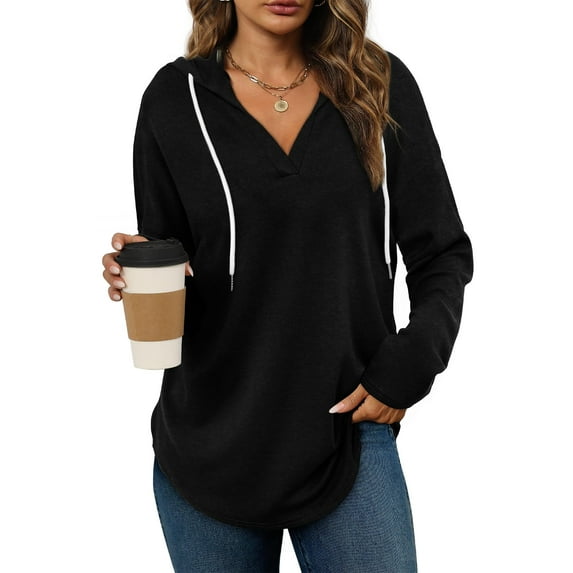 TEMOFON Women V Neck Solid Hoodies Womens Fashion Tops Pullover Oversized Hoodies Long SLeeve Drawstring Hoodies Loose Fit