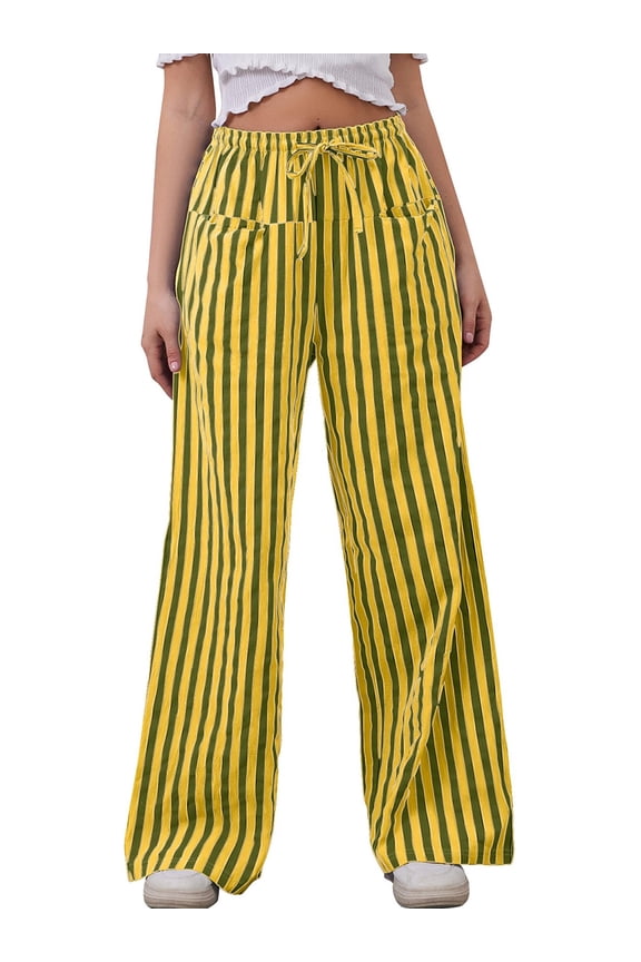 Women High Waist Pants Casual Wide Leg Palazzo Striped Lounge Pants with Pocket Loose Fit Drawstring Oversize Trousers