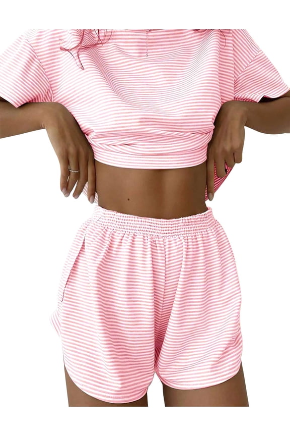 Women's 2 Piece Striped Lounge Set, Summer Casual Comfy Short Sleeve Top & Matching Shorts Loungewear Set