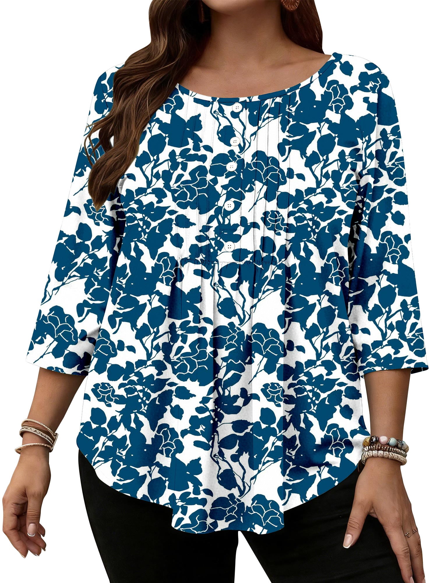 TEMOFON Women's 3/4 Sleeve Tops Floral Print Blouse Casual Round Neck ...