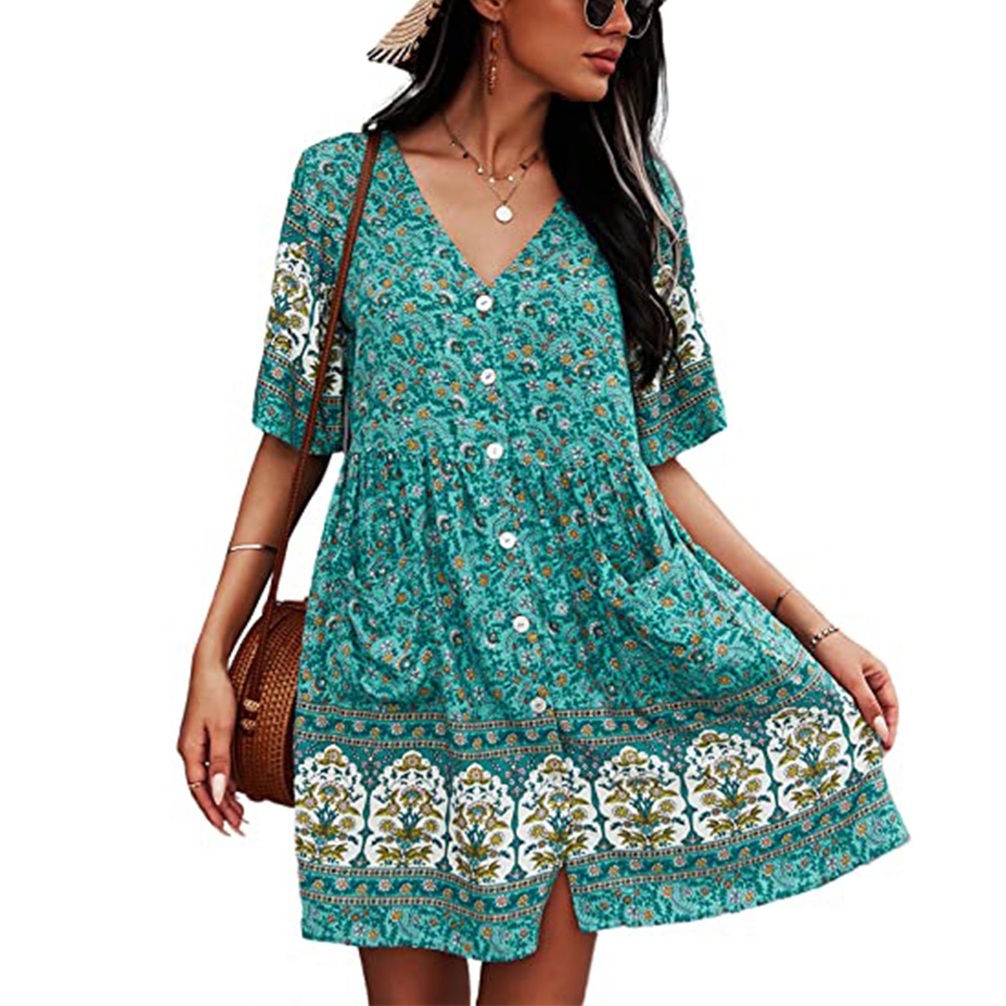 TEMOFON Women's Bohemian Dress Summer V Neck Short Sleeve Floral ...