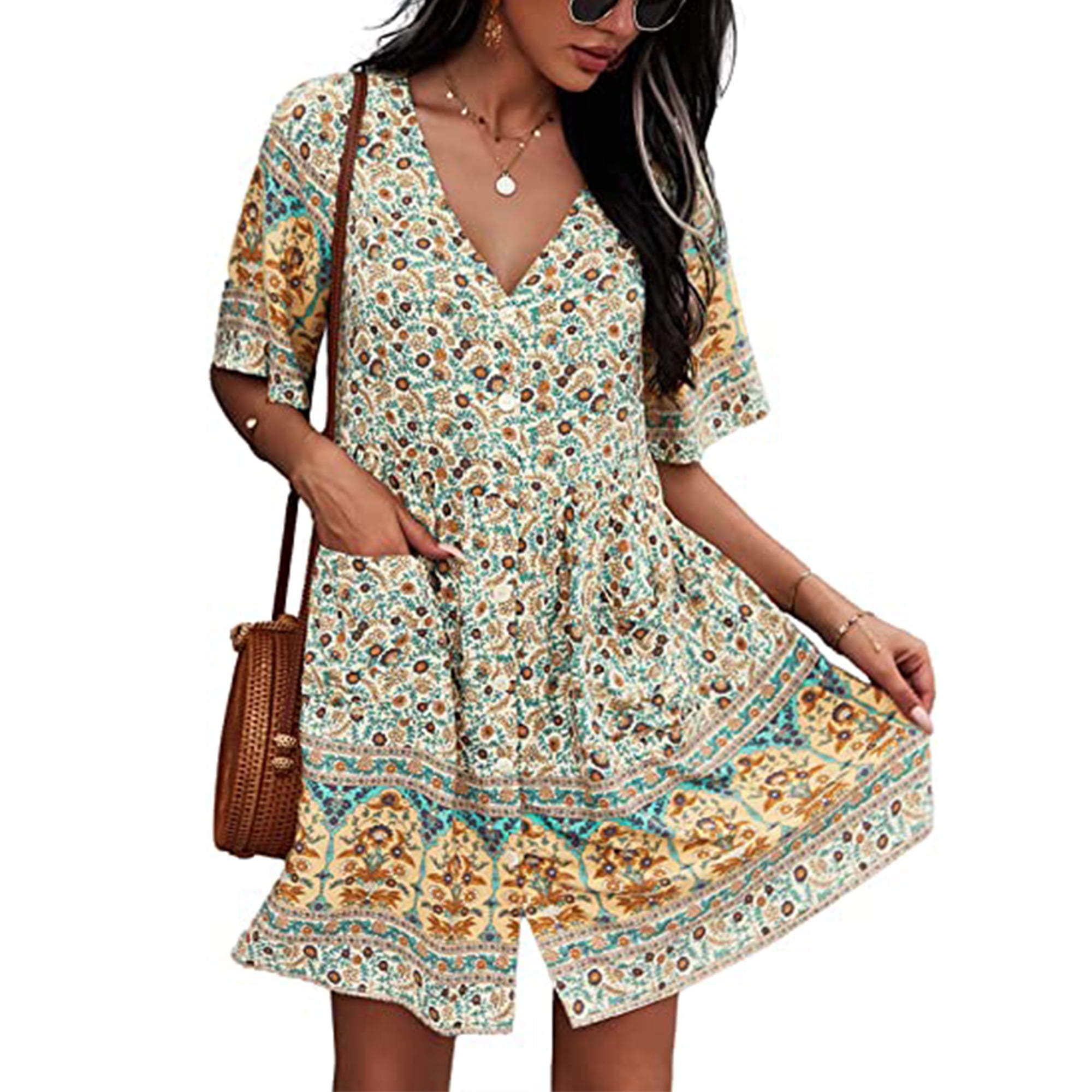 YWDJ Hawaiian Dresses for Women Boho Dress for Women Summer Short Sleeve  with Pockets V Neck Button Down Fashion Printing Causal Vacation Dresses  for
